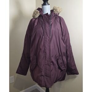 Old Navy Parka Jacket Womens XXL Burgundy Fur Trim Hood Full‎ Zip